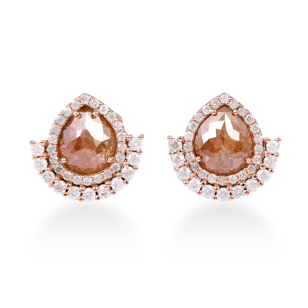 18K Rose Gold Pear Shaped Rose-Cut Ice Diamond Halo Stud Earrings