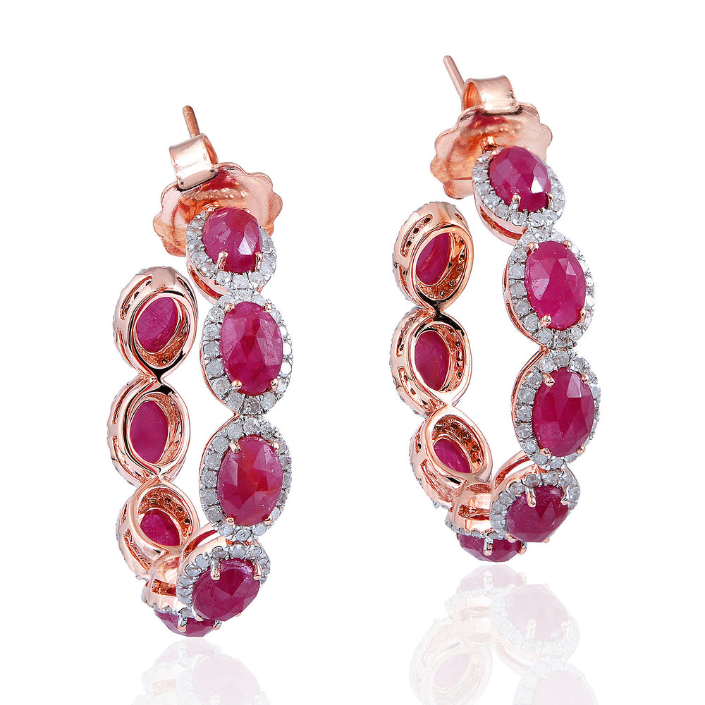 Oval Ruby & Diamond Halo Hoop Earrings in 18K Rose Gold