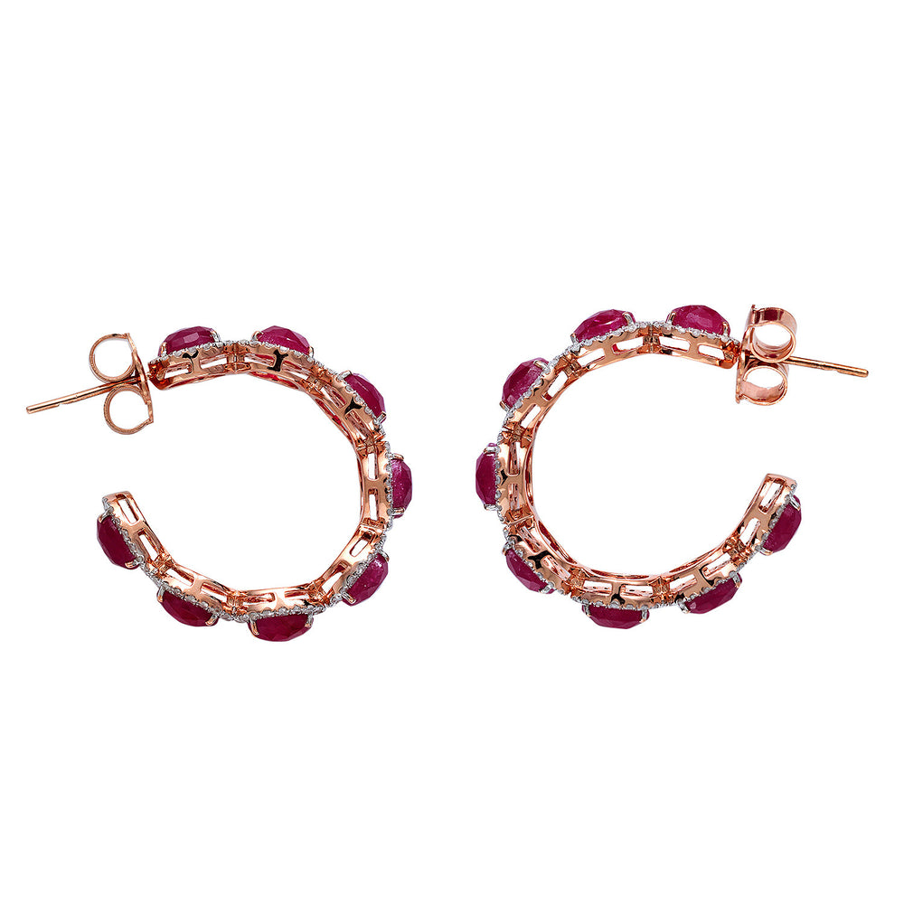 Oval Ruby & Diamond Halo Hoop Earrings in 18K Rose Gold