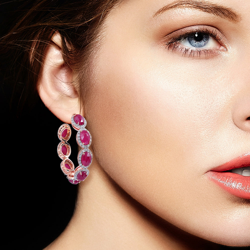 Oval Ruby & Diamond Halo Hoop Earrings in 18K Rose Gold