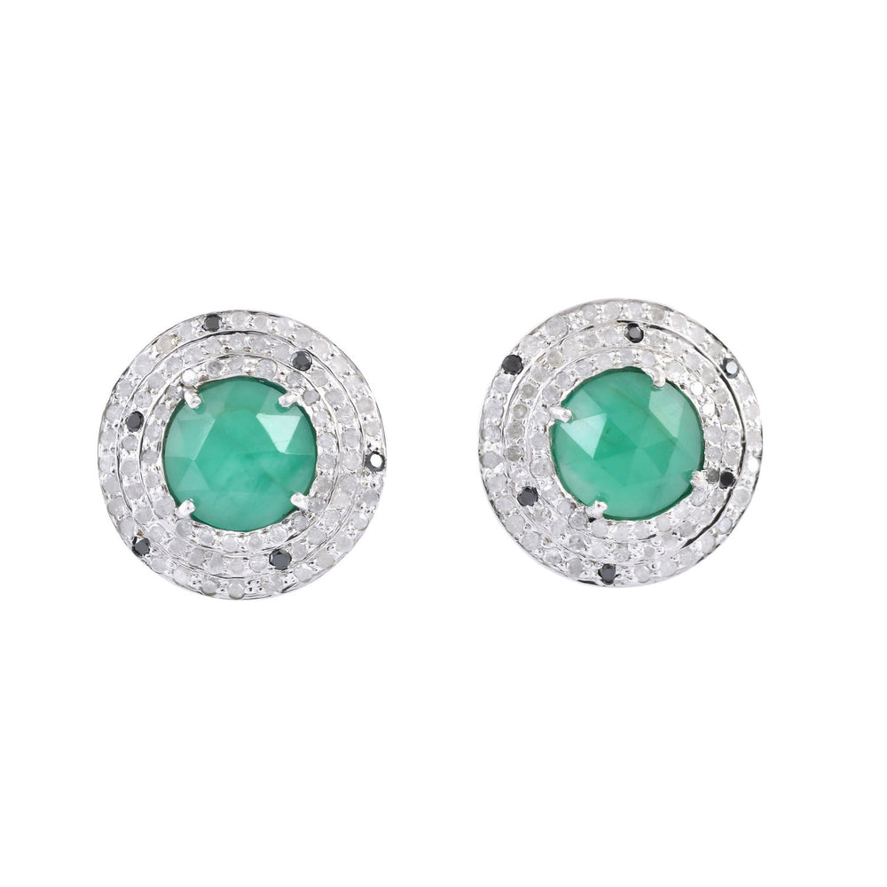 Round Emerald & Diamond Halo Stud Earrings in 18K Gold Silver