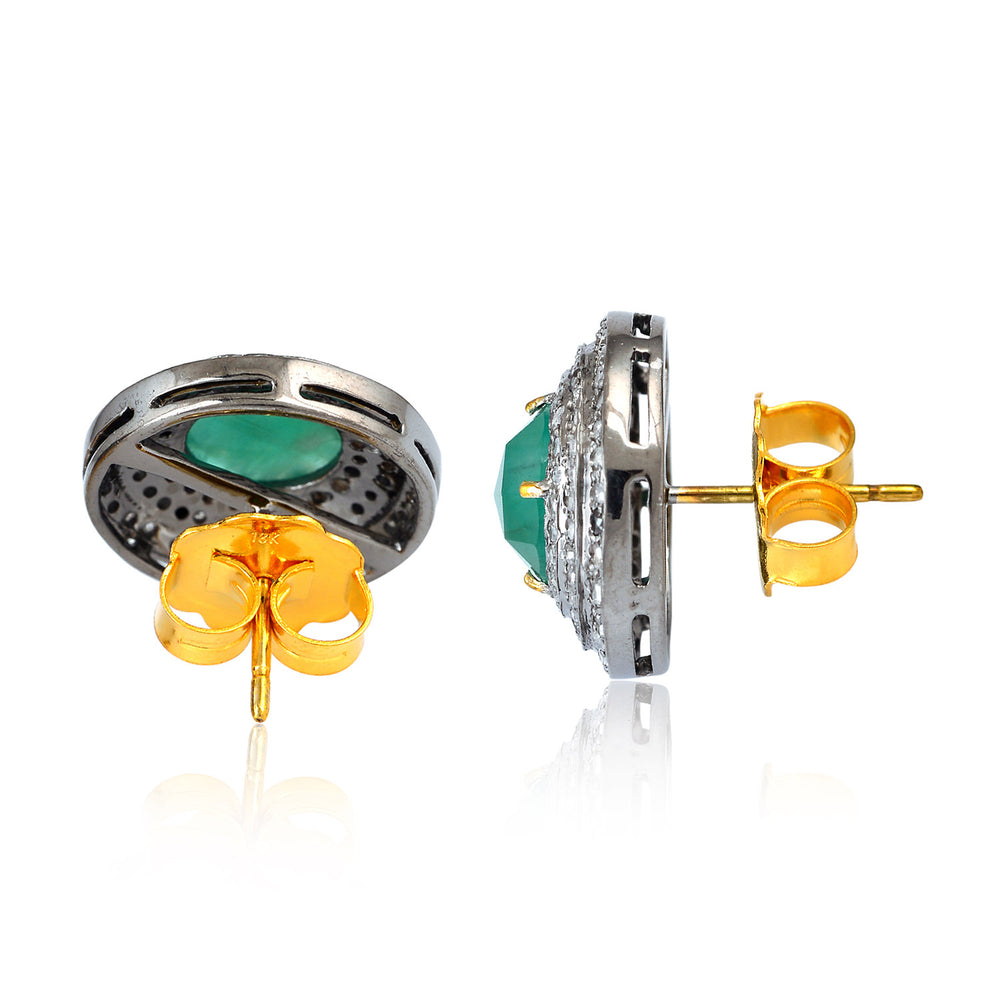 Round Emerald & Diamond Halo Stud Earrings in 18K Gold Silver