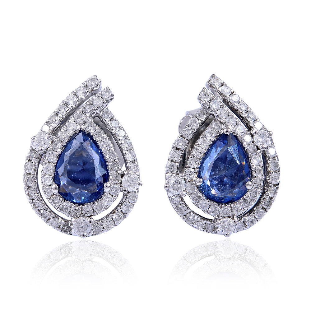 Pear-Cut Blue Sapphire & Diamond Halo Stud Earrings in 18K White Gold