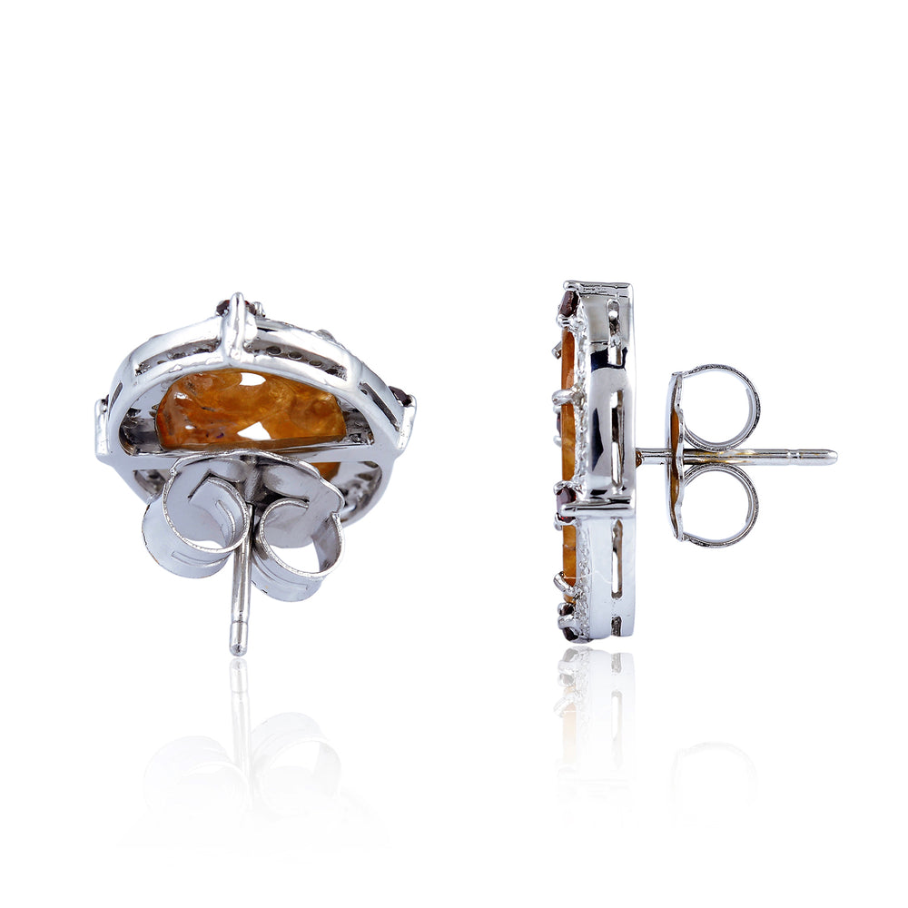 Carved Yellow Jade & Diamond Oval Earrings in 18K White Gold Silver