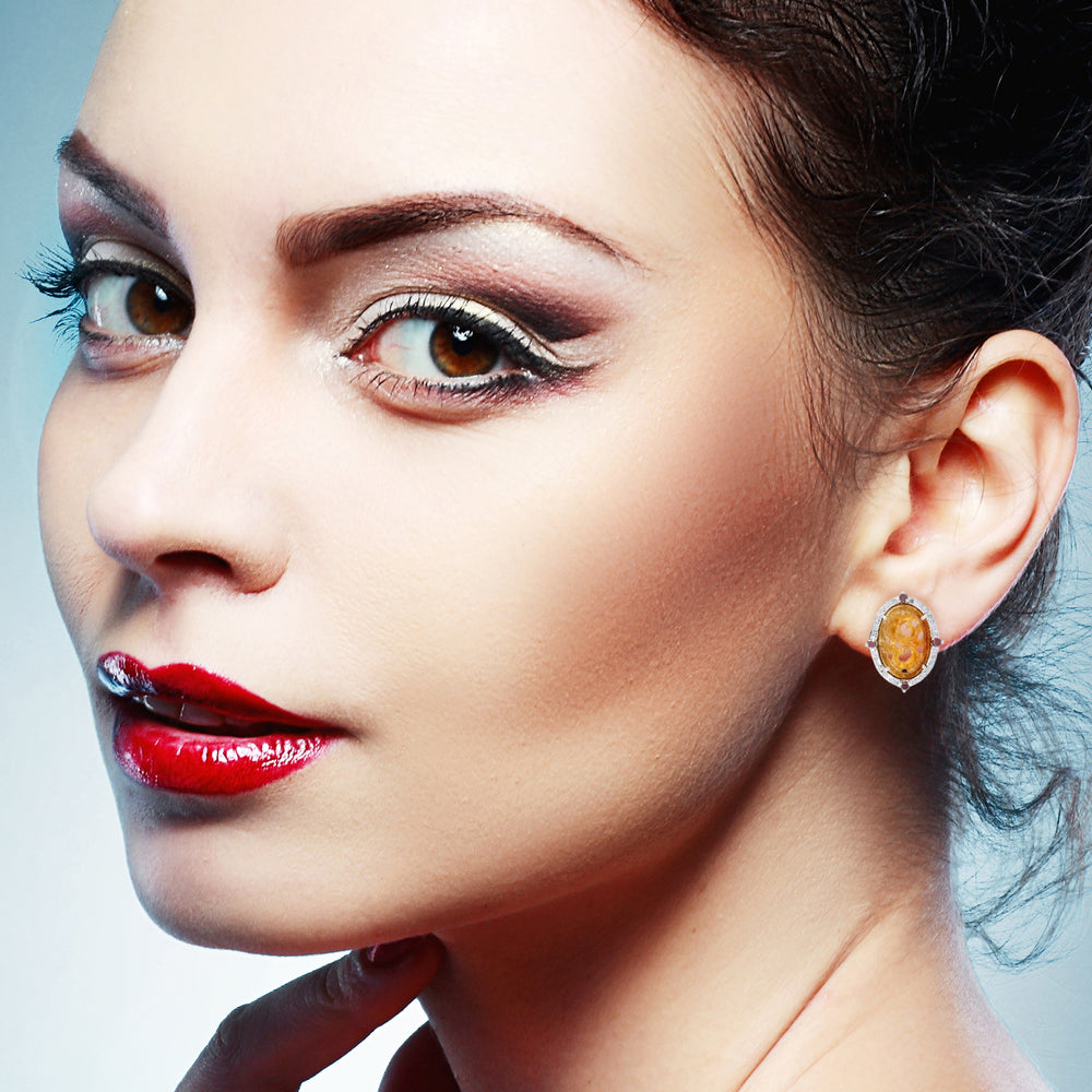 Carved Yellow Jade & Diamond Oval Earrings in 18K White Gold Silver