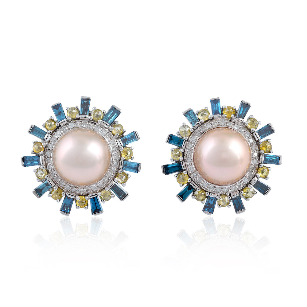 18K White Gold Baguette Colored Diamond Bezel Pearl Gemstone Stud Earrings