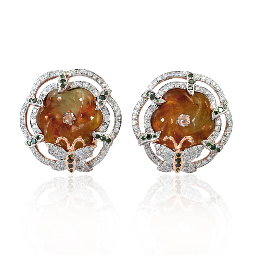 Carved Jade Pave Black And White Diamond Butterfly Stud Earrings In 18K White Gold