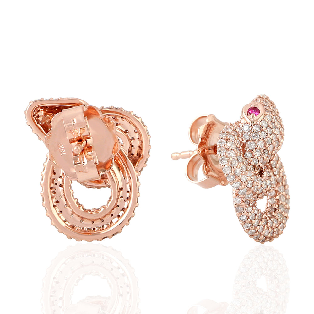 Ruby Gemstone Pave Diamond Carved Snake Stud Earrings In 18K Rose Gold