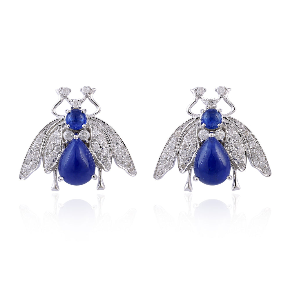 Blue Sapphire Beetle Earrings with Diamond Wings in 18K White Gold
