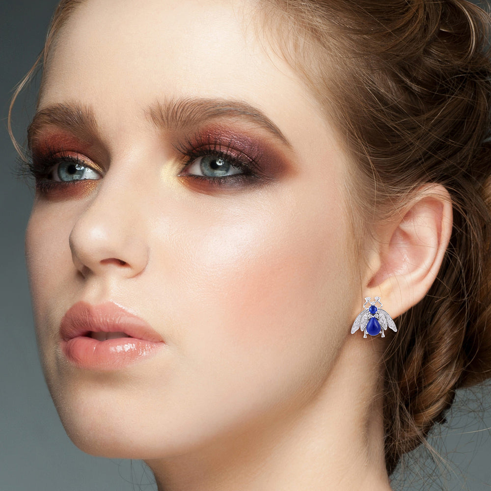 Blue Sapphire Beetle Earrings with Diamond Wings in 18K White Gold
