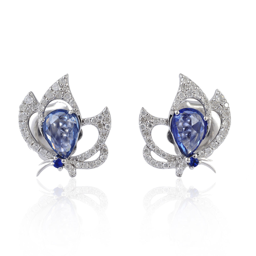 Pear-Shaped Blue Sapphire Pave Diamond Butterfly Stud Earrings in 18K White Gold