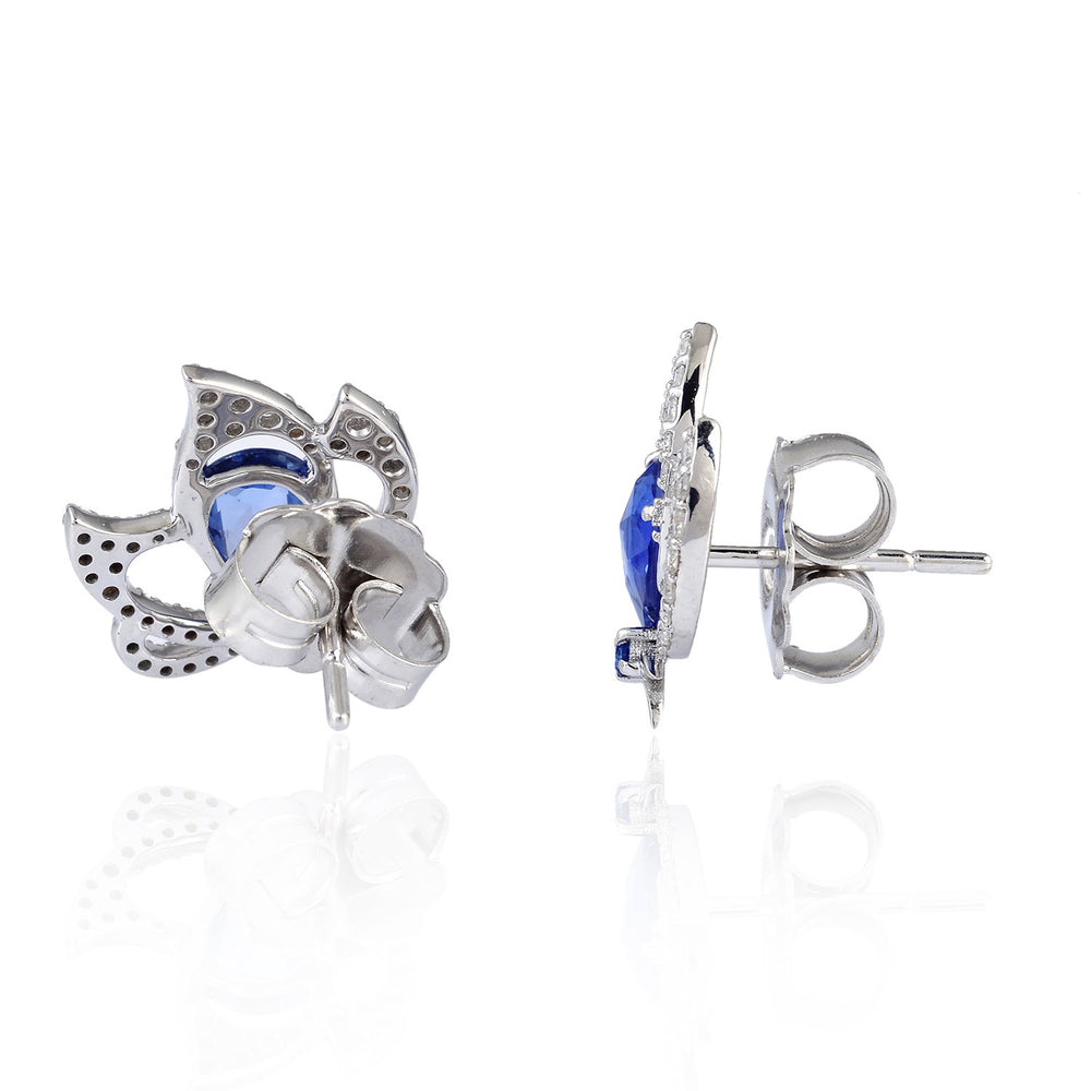 Pear-Shaped Blue Sapphire Pave Diamond Butterfly Stud Earrings in 18K White Gold