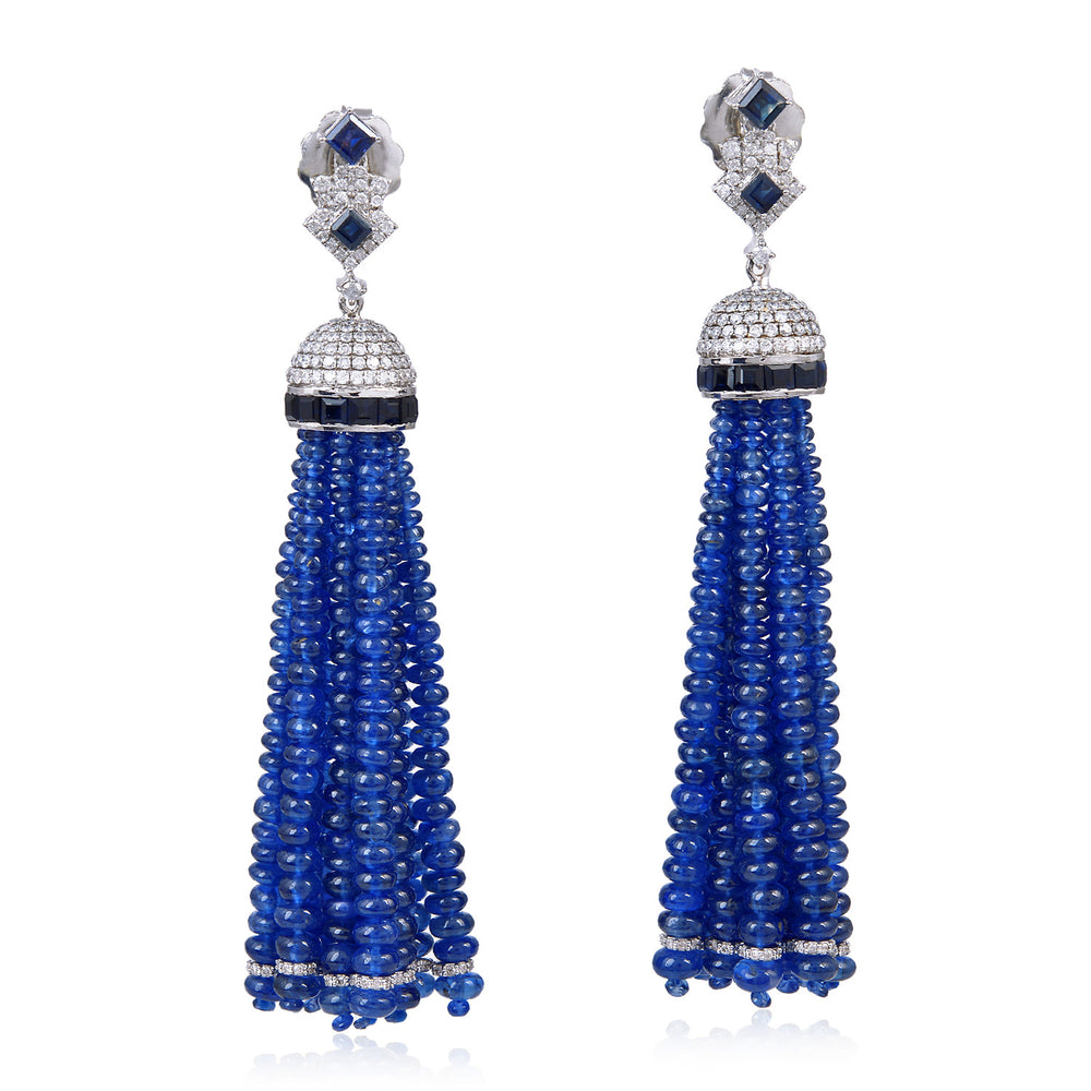 Long Blue Sapphire Tassel Statement Earrings in 18K White Gold & Diamonds