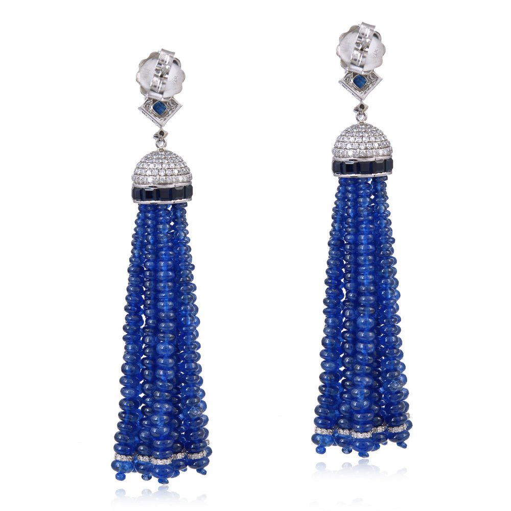 Long Blue Sapphire Tassel Statement Earrings in 18K White Gold & Diamonds