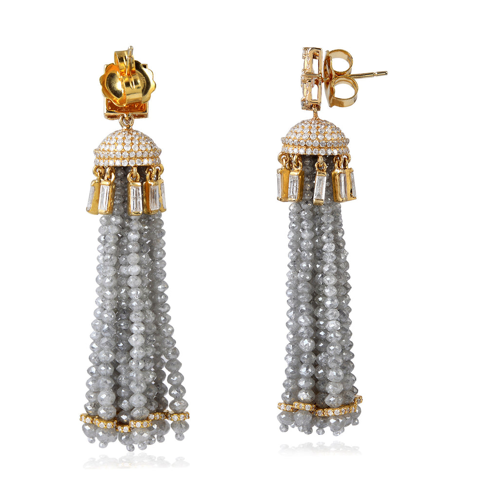 18K Solid Yellow Gold Bezel Set Baguette Diamond Faceted Beads Tassel Earrings For Her