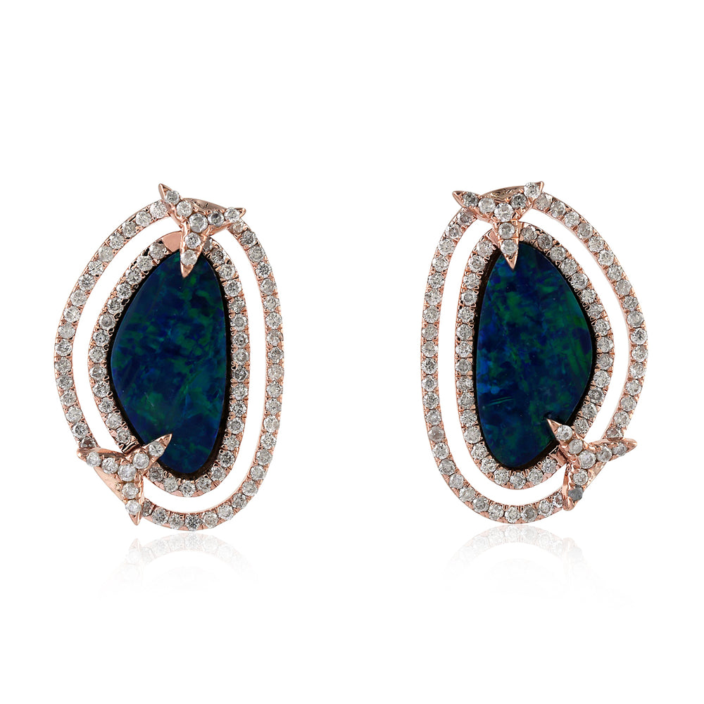 Blue Opal & Diamond Double Halo Teardrop Stud Earrings in 18K Rose Gold
