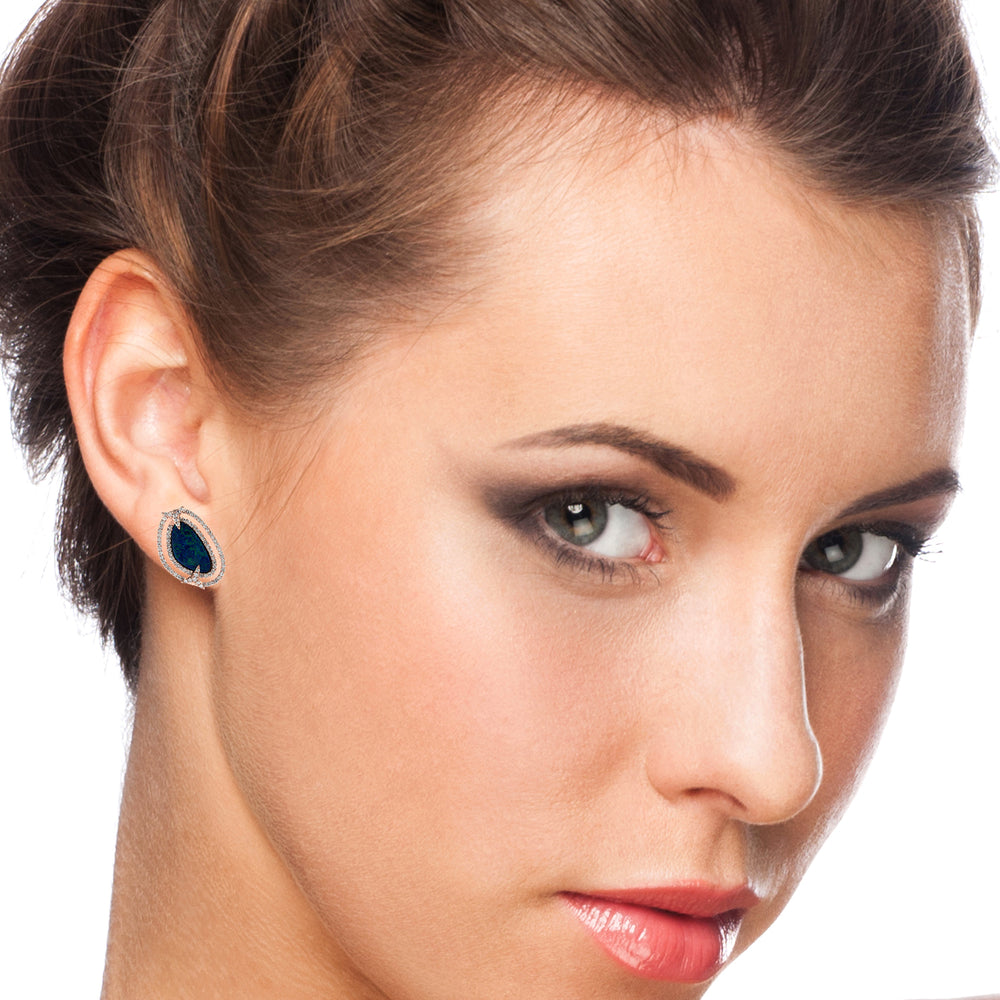 Blue Opal & Diamond Double Halo Teardrop Stud Earrings in 18K Rose Gold