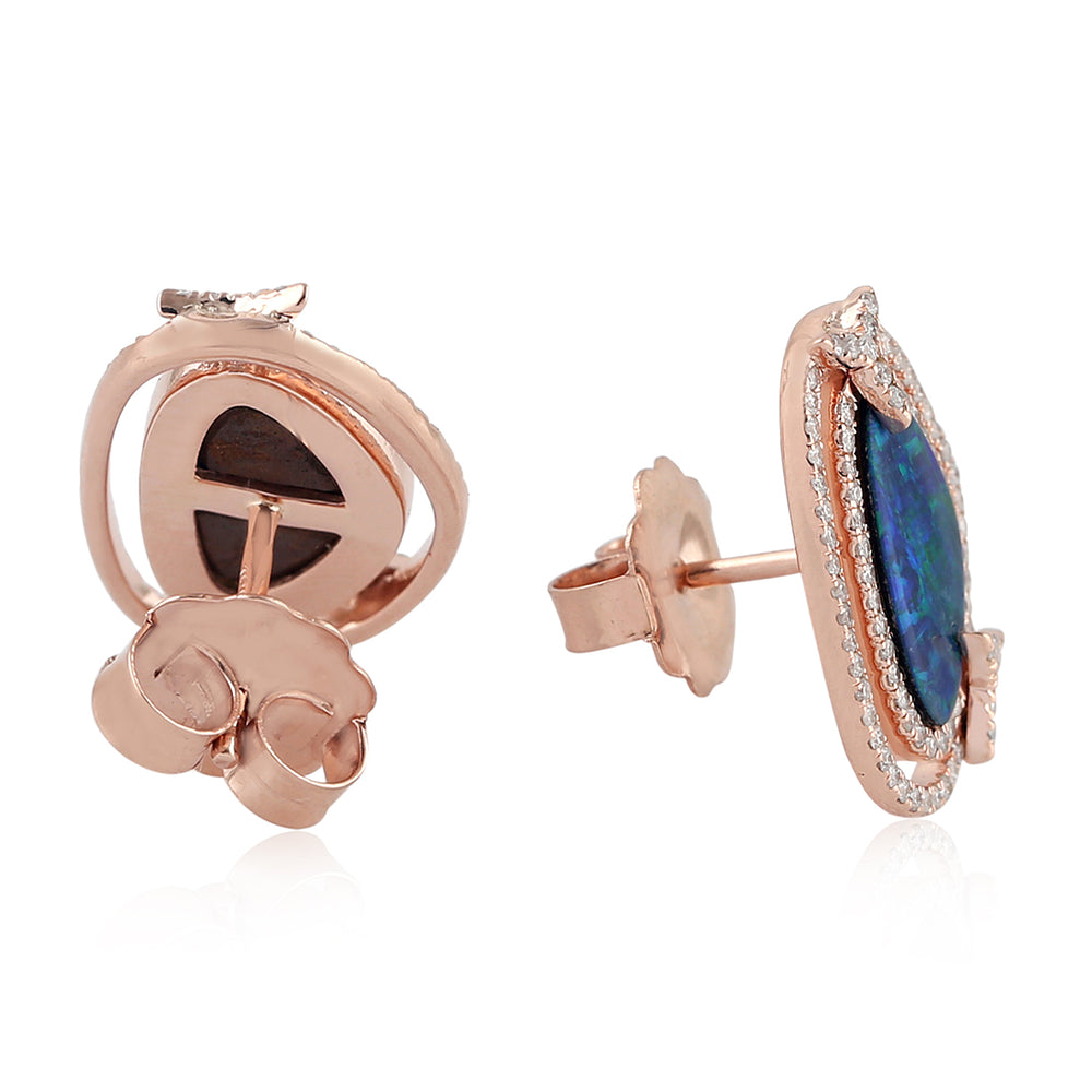 Blue Opal & Diamond Double Halo Teardrop Stud Earrings in 18K Rose Gold