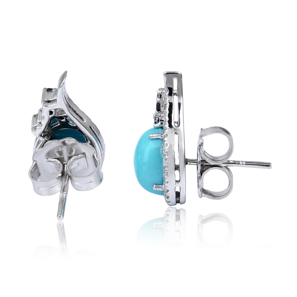 Oval Cut Turquoise December Birthstone Pave Diamond Sleeping Beauty Stud Earrings in White Gold