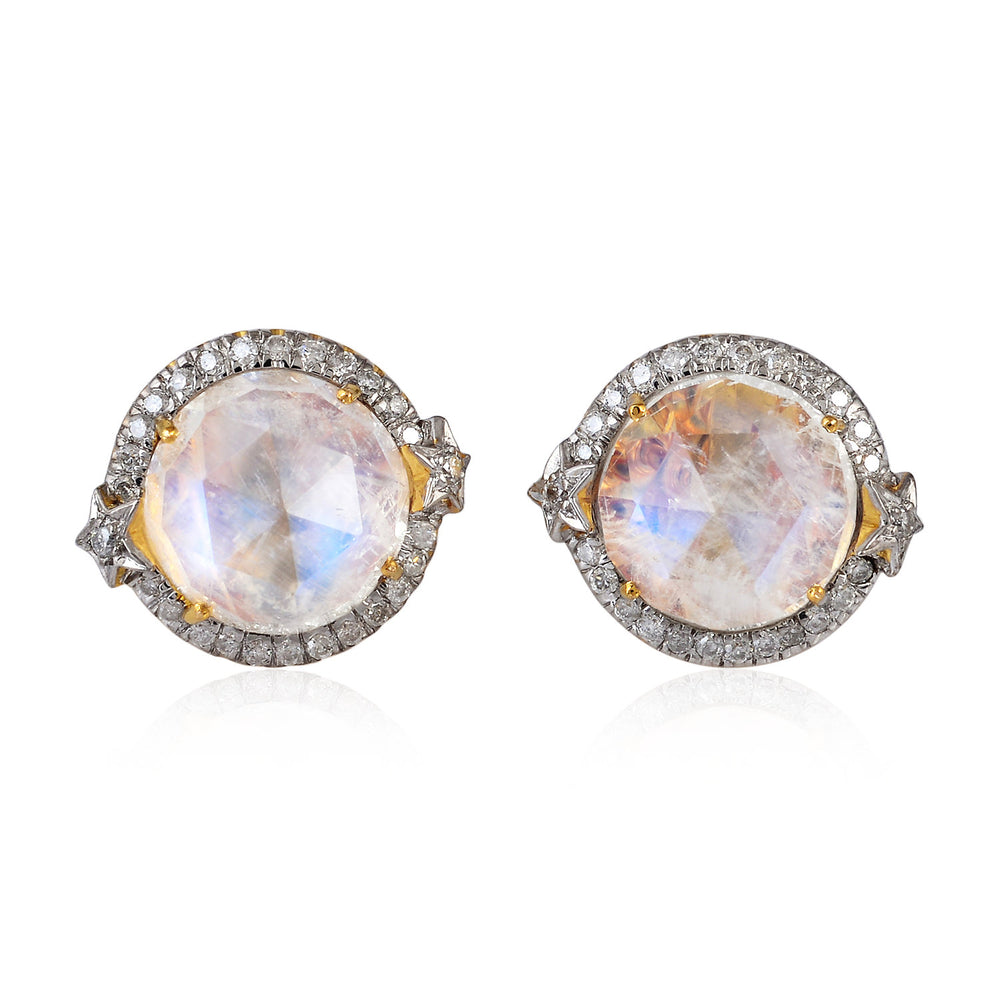 Round Rainbow Moonstone & Diamond Halo Stud Earrings in 18K Gold