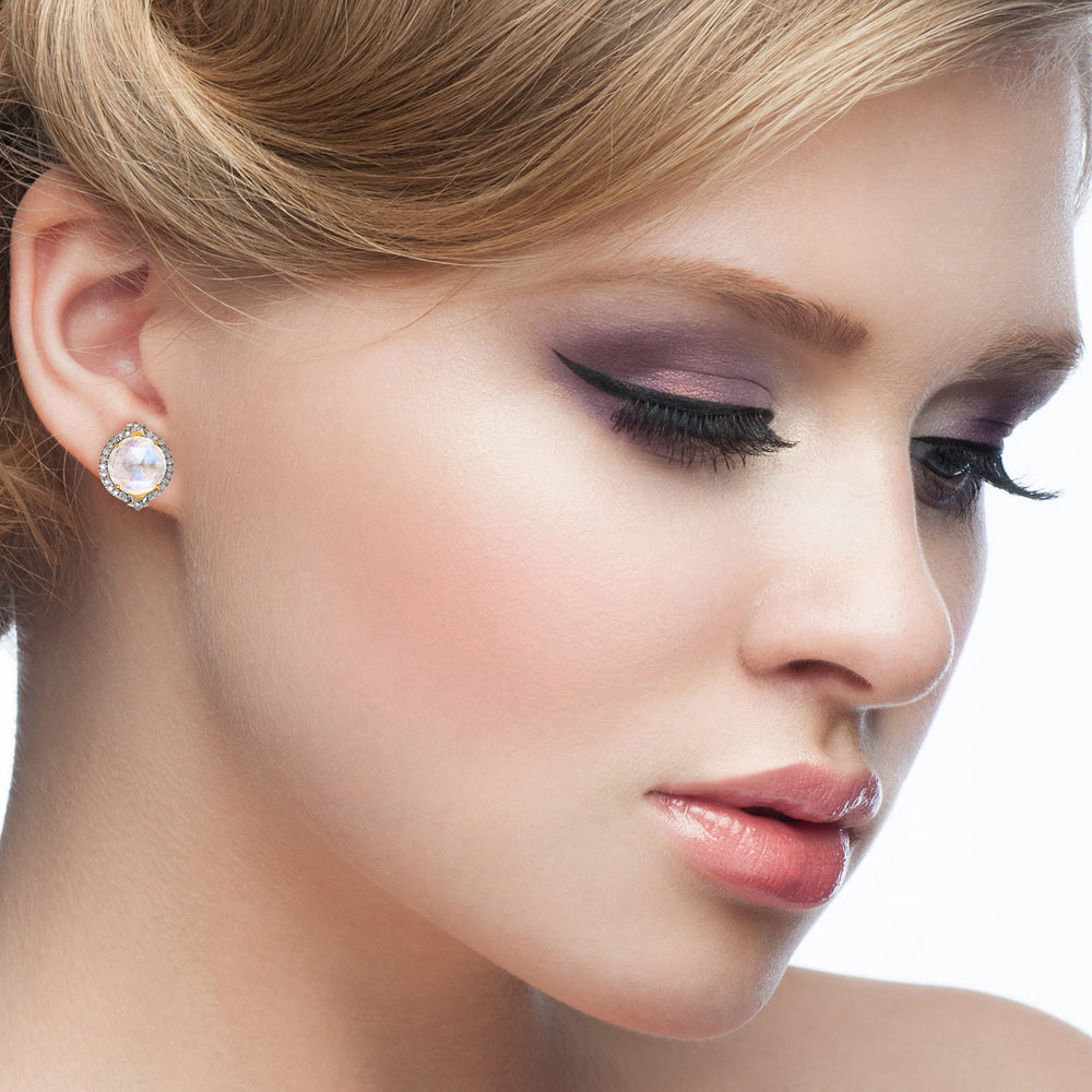 Round Rainbow Moonstone & Diamond Halo Stud Earrings in 18K Gold