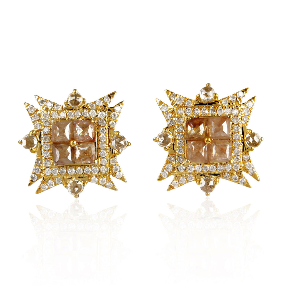 Starburst Rustic Ice Diamond Stud Earrings in 18K Yellow Gold
