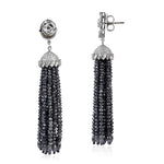 18K White Gold Black Beaded Fringe Long Tassel Earrings Baguette Ice Diamond For Women's