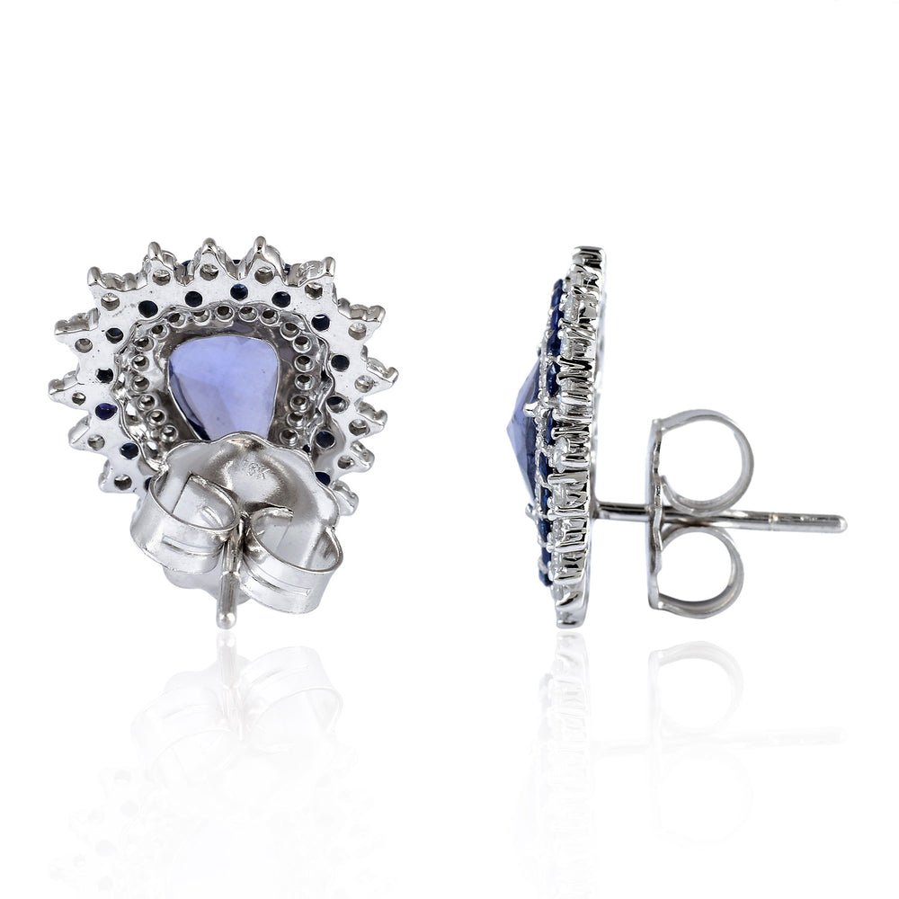 Unshaped Blue Sapphire Prong Natural Diamond Unique Stud Earrings In White Gold For Sale