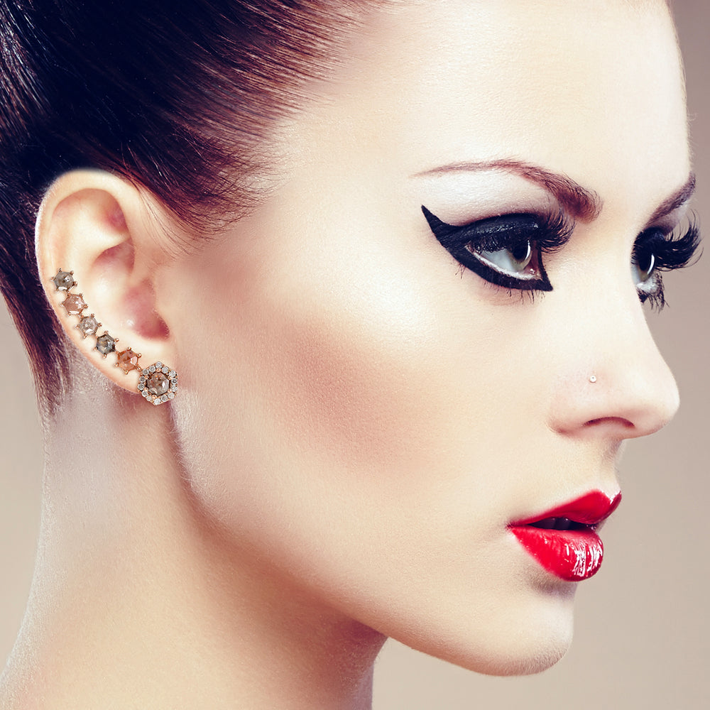 Multi-Colored Ice Diamond Ear Climber Earrings with Halo in 18K Rose Gold