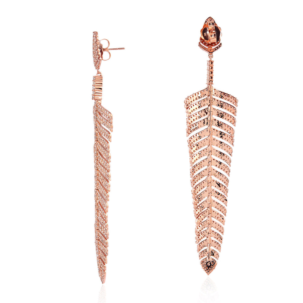 Pave Diamond Feather Leaf Long Drop Earrings in 18K Rose Gold