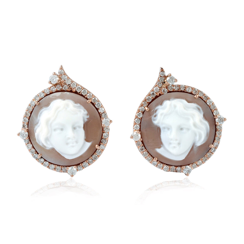 Carved Shell Cameo & Diamond Halo Stud Earrings in 18K Rose Gold