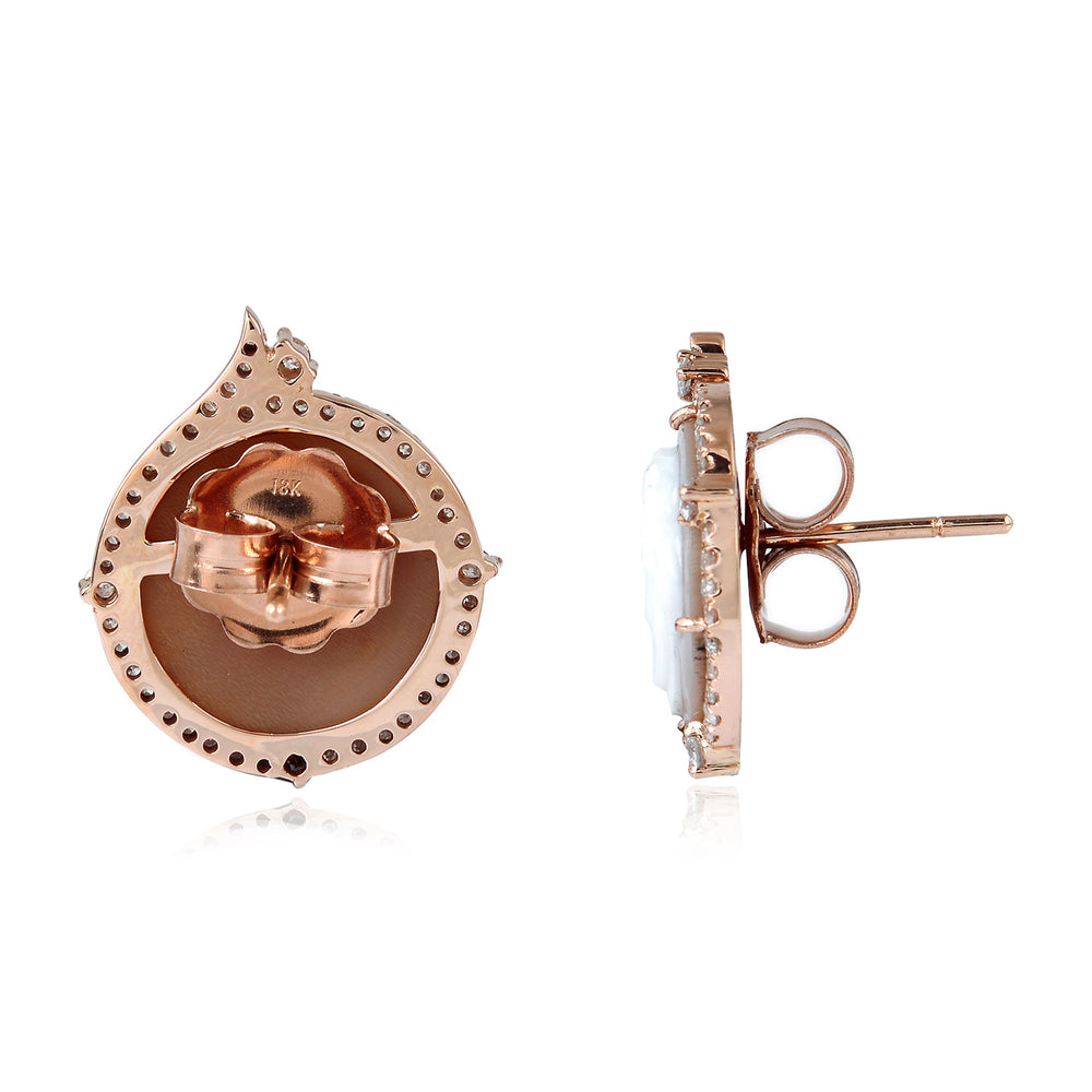 Carved Shell Cameo & Diamond Halo Stud Earrings in 18K Rose Gold