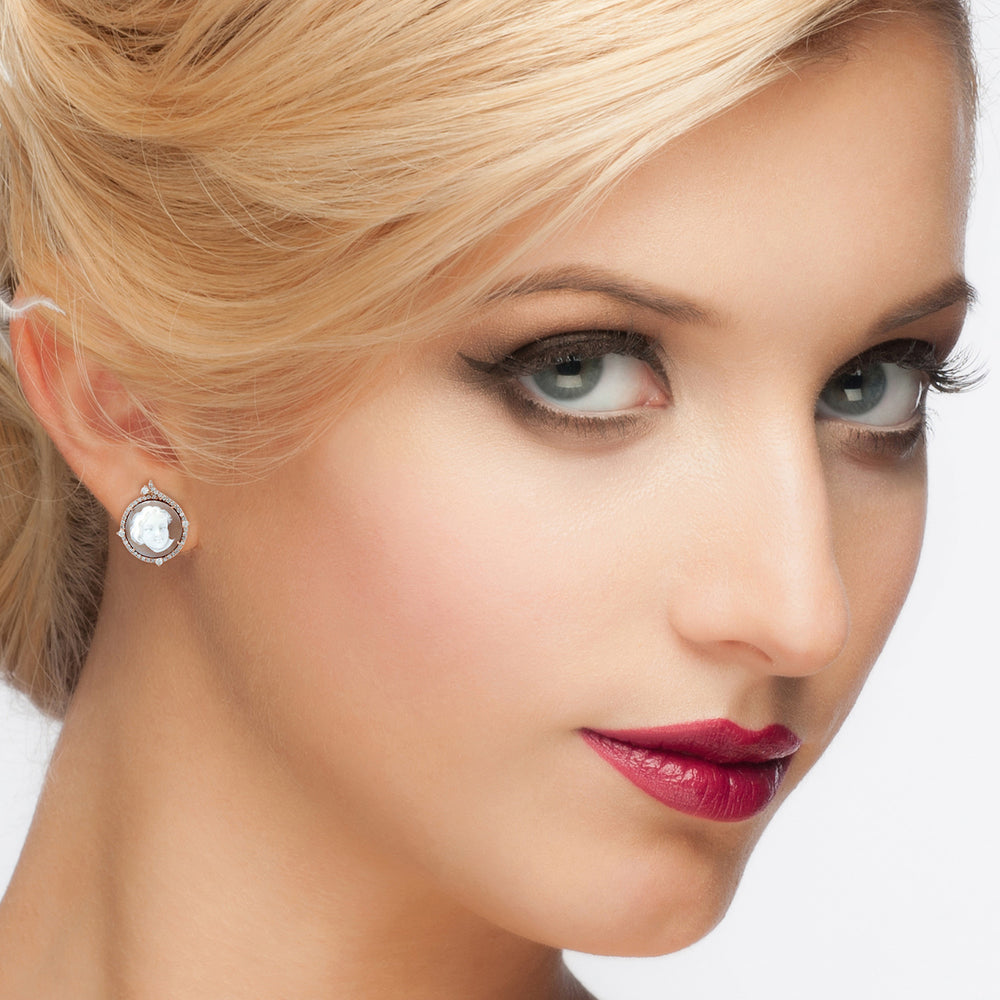 Carved Shell Cameo & Diamond Halo Stud Earrings in 18K Rose Gold