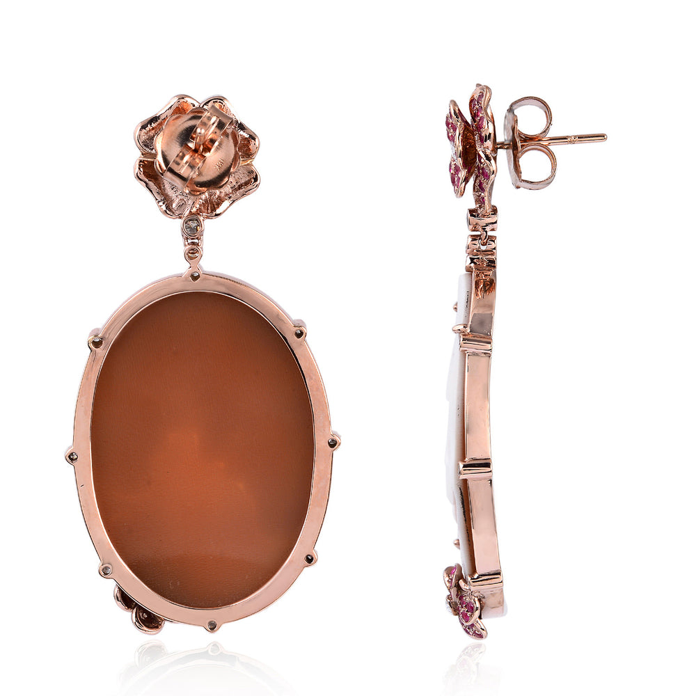 Carved Cameo Face & Ruby Pave Diamond Floral Drop Earrings in 18K Rose Gold