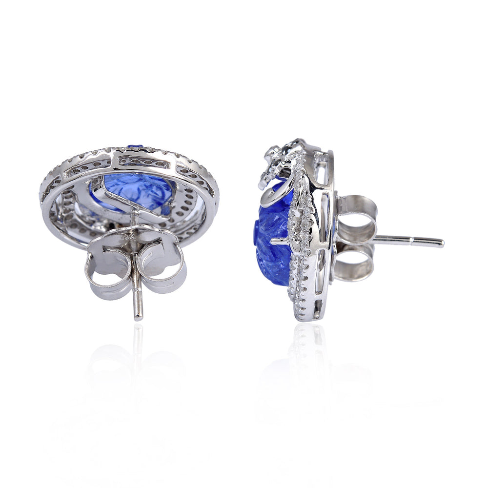 18K White Gold Carving Tanzanite Prong Natural Diamond Flower Stud For Spring Jewelry