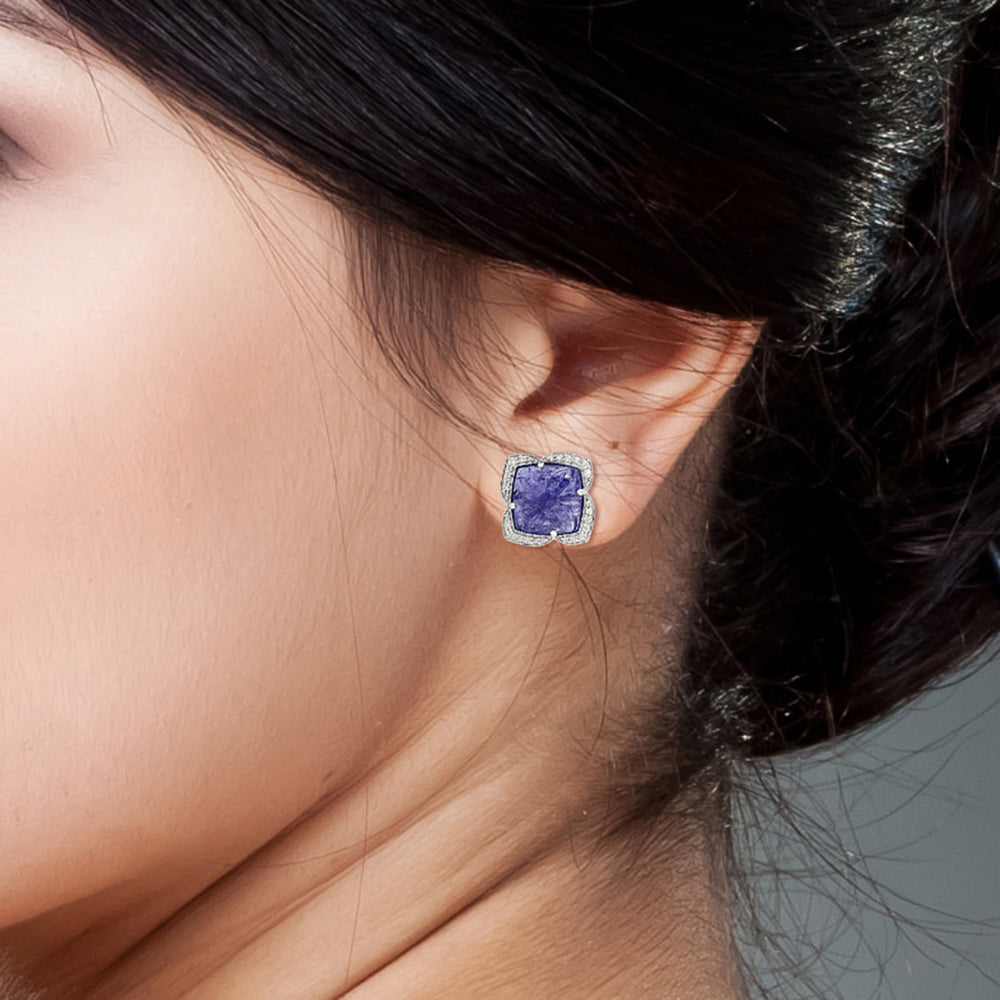 Handcarved Tanzanite Pave Diamond Stud Ear Jewelry In 18k Gold