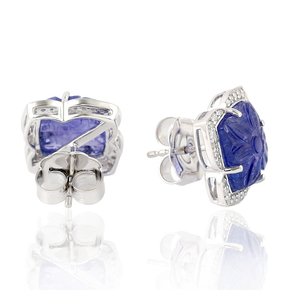 Handcarved Tanzanite Pave Diamond Stud Ear Jewelry In 18k Gold