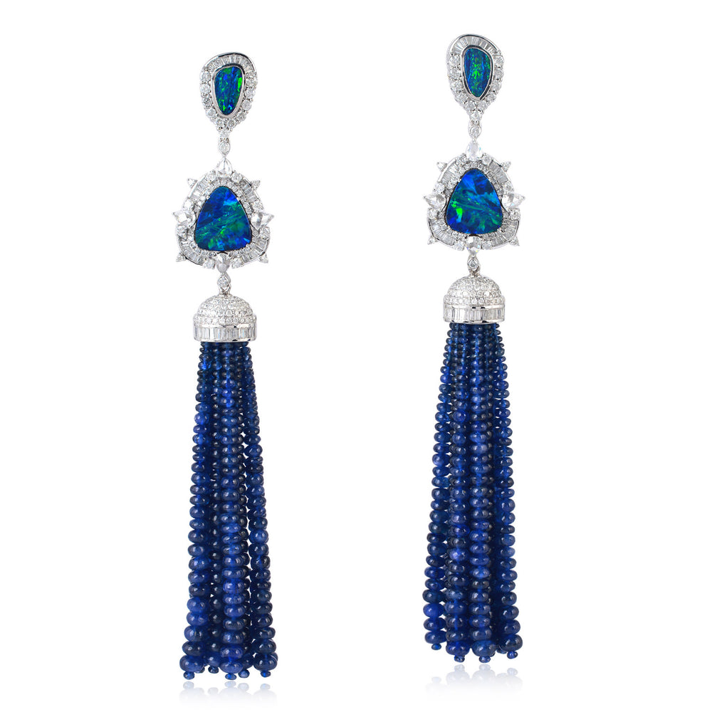 Opal & Blue Sapphire Tassel Chandelier Earrings with Diamond Halo in 18K White Gold