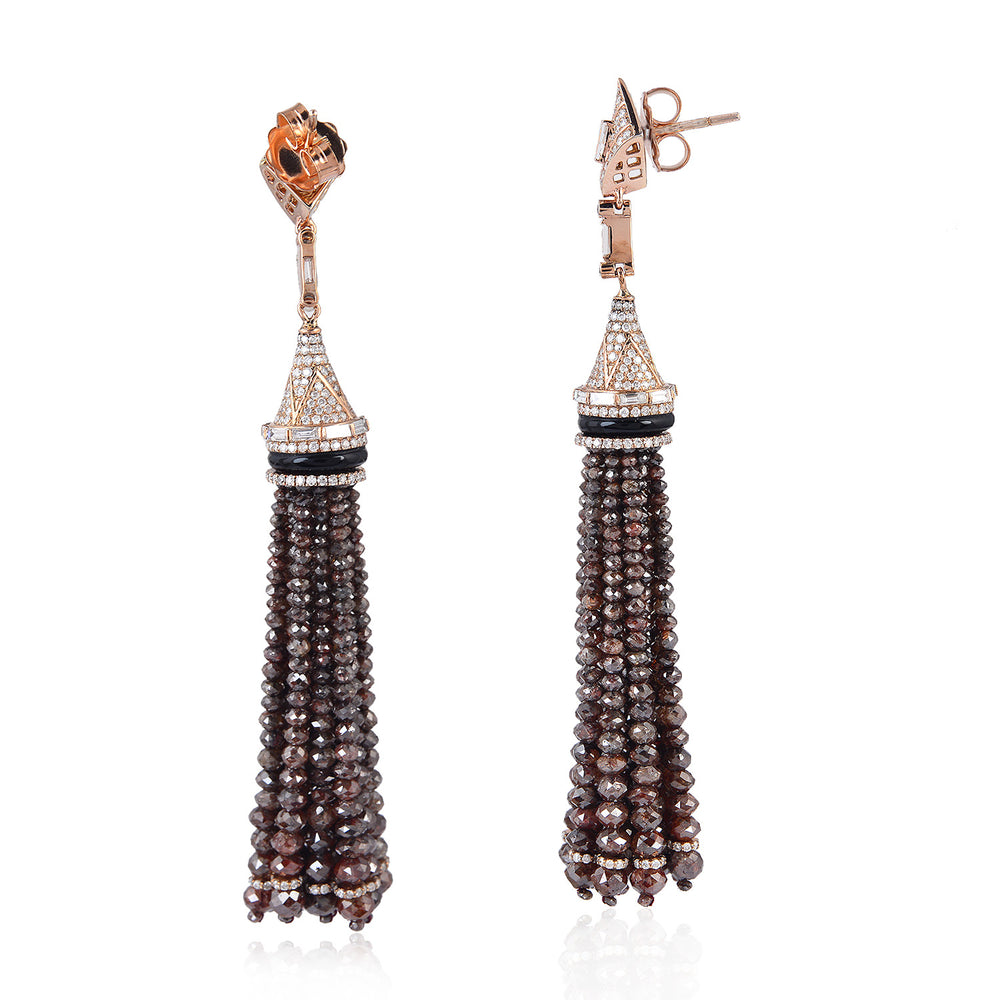 Elegant Rose Gold Tassel Earrings with Baguette Diamonds, Onyx & Faceted Ice Beads