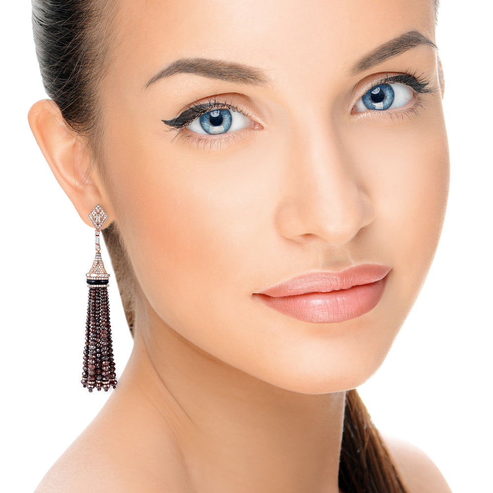 Elegant Rose Gold Tassel Earrings with Baguette Diamonds, Onyx & Faceted Ice Beads