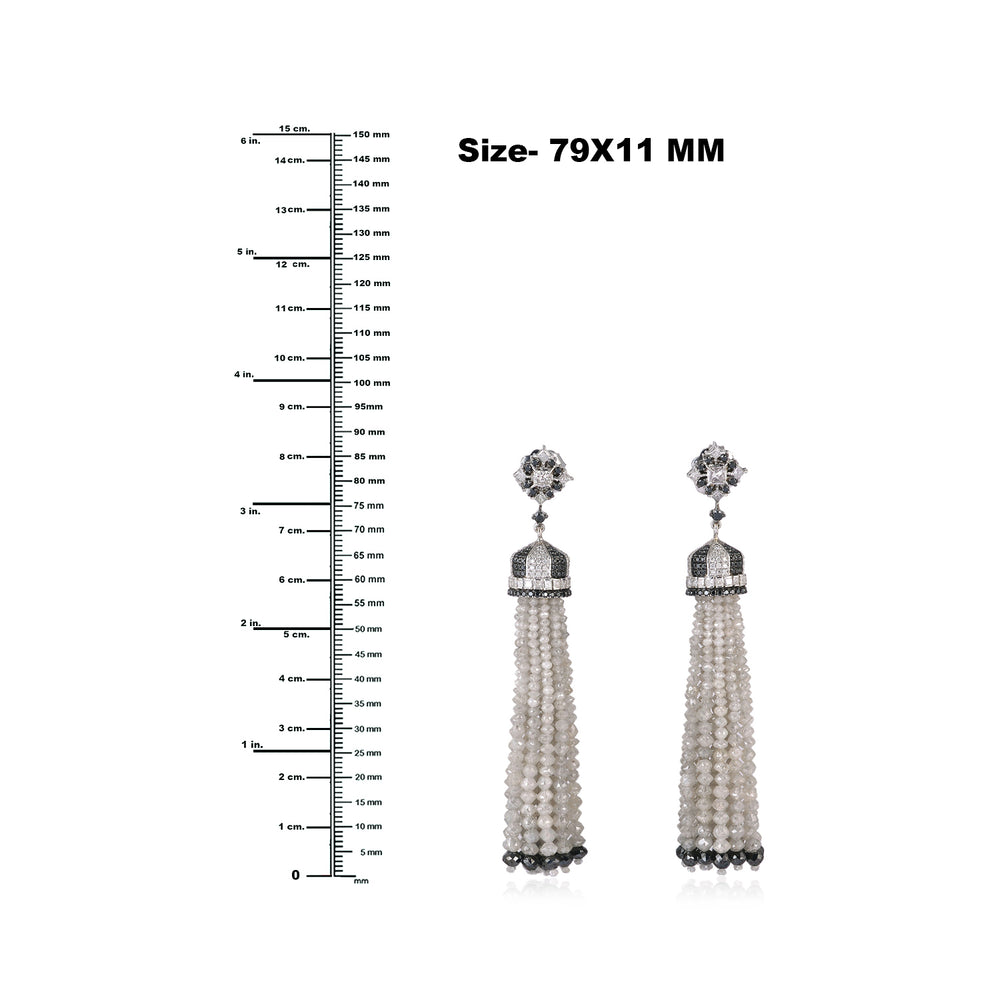 18k White Gold Pave Black White Ice Diamond Beaded Tassel Earrings For Gift