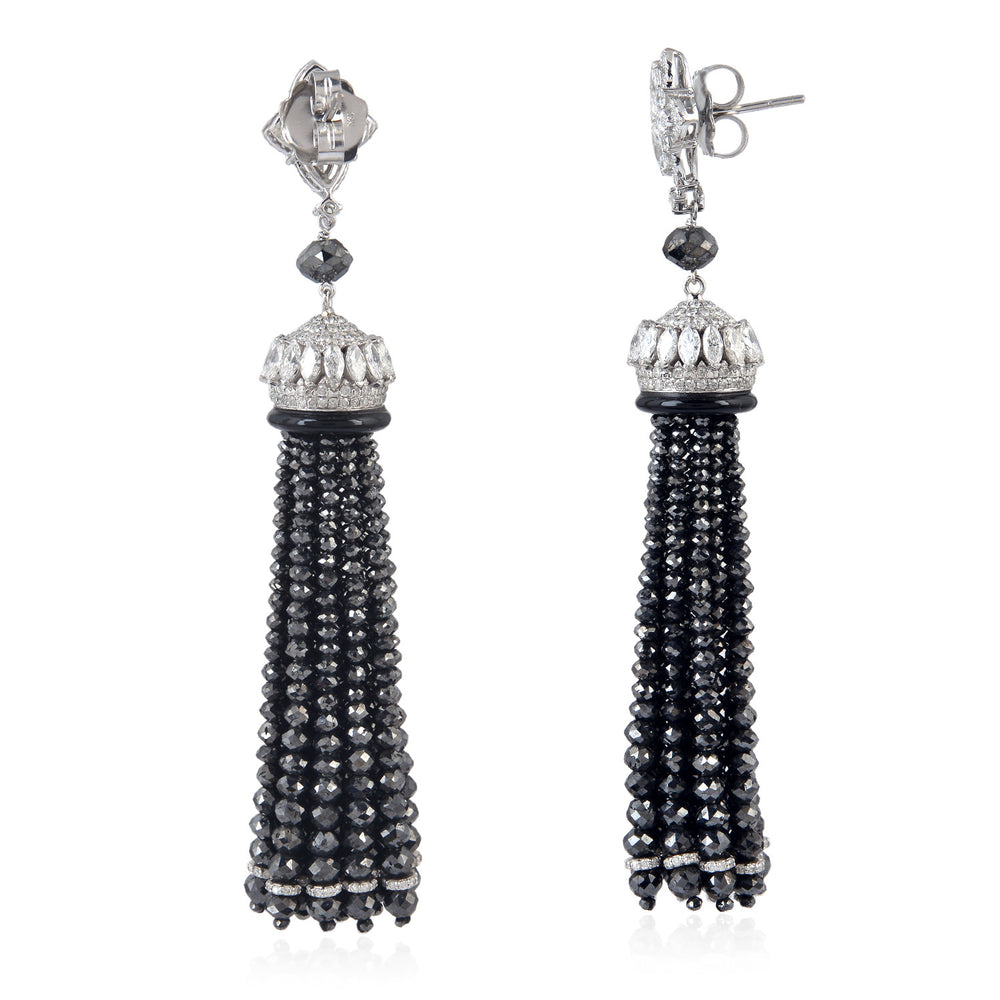 Faceted Beads Black Washer Ice Diamond Onyx Beautiful Tassel Earrings In White Gold