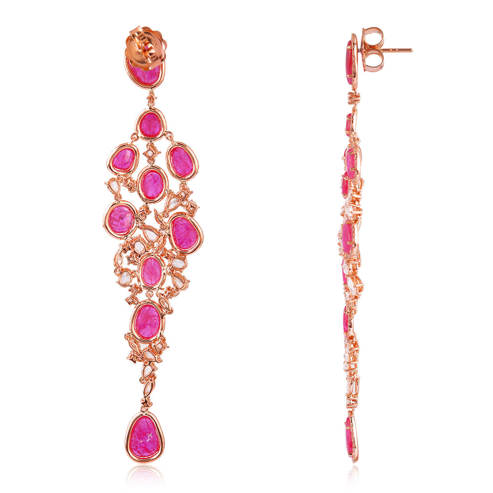 Slice Ruby July Birthstone Beautiful Chandelier Earrings Rose Cut Diamond In 18K Rose Gold