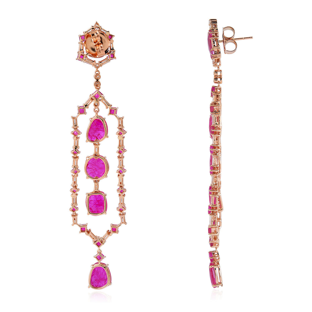 Rose Gold Square Slice Ruby Prong Baguette Diamond July Birthstone Studded Chandelier Earrings