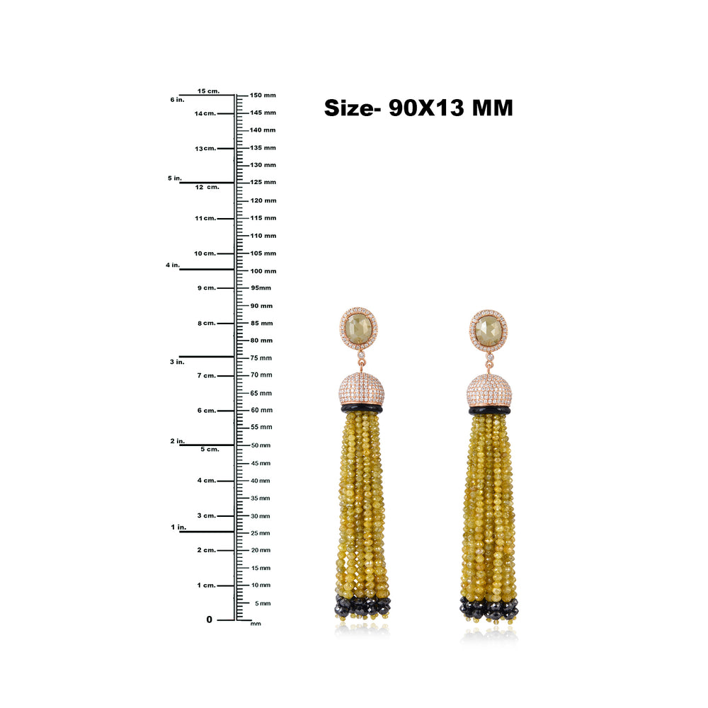 Beautiful Onyx Beaded Ice Diamond Designer Tassel Earrings In 18k Rose Gold