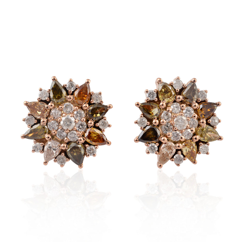 Multicolor Pear & Round Ice Diamond Floral Cluster Stud Earrings in 18K Rose Gold