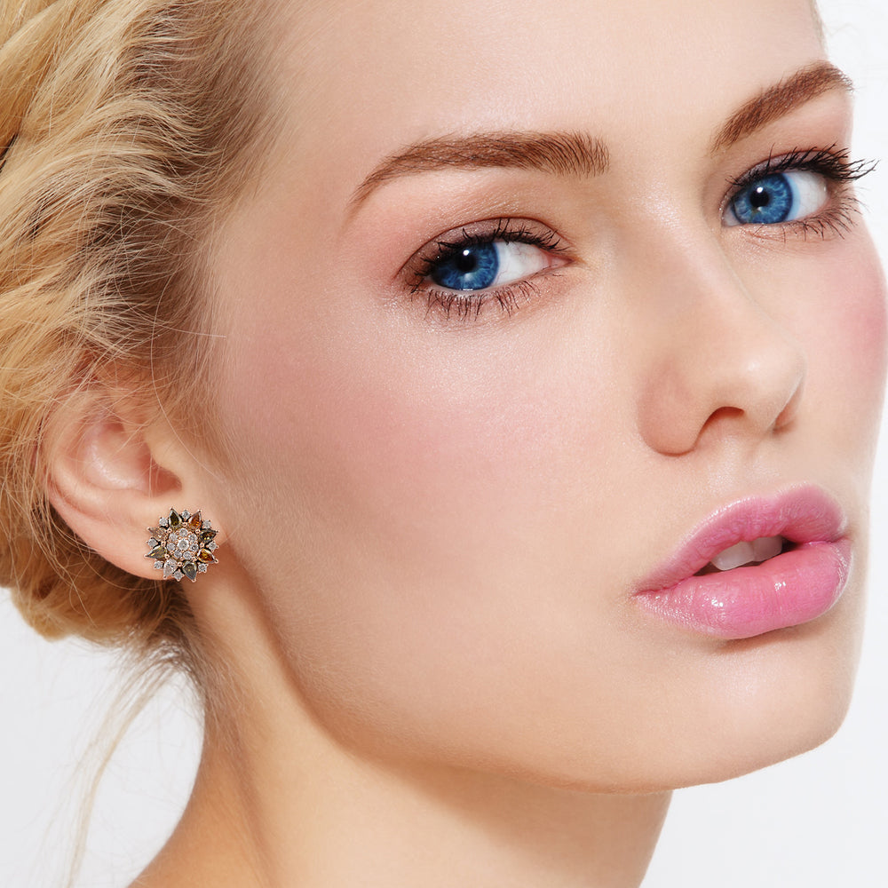 Multicolor Pear & Round Ice Diamond Floral Cluster Stud Earrings in 18K Rose Gold