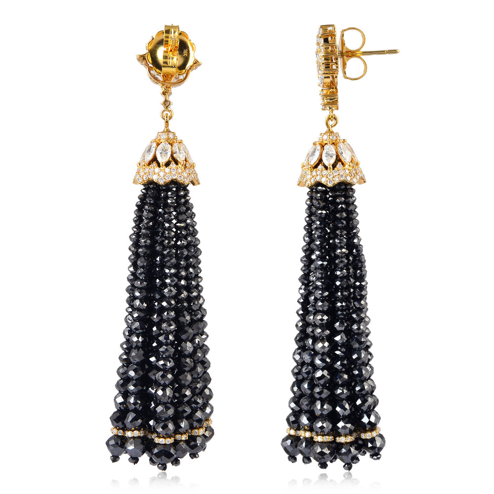 Black Faceted Beads Ice Marquise Diamond Wedding Tassel Earrings In 18K Yellow Gold For Her