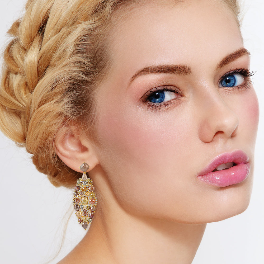 Multicolor Ice -Cut Diamond Statement Chandelier Earrings in 18K Yellow Gold