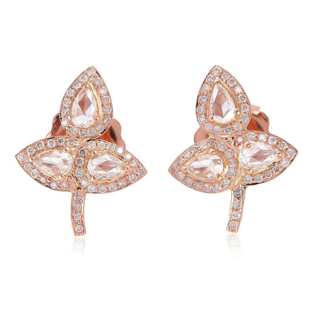 'Shimmering' 18K Rose Gold Leaf Stud Earrings With Natural Rose Cut Diamond For Her